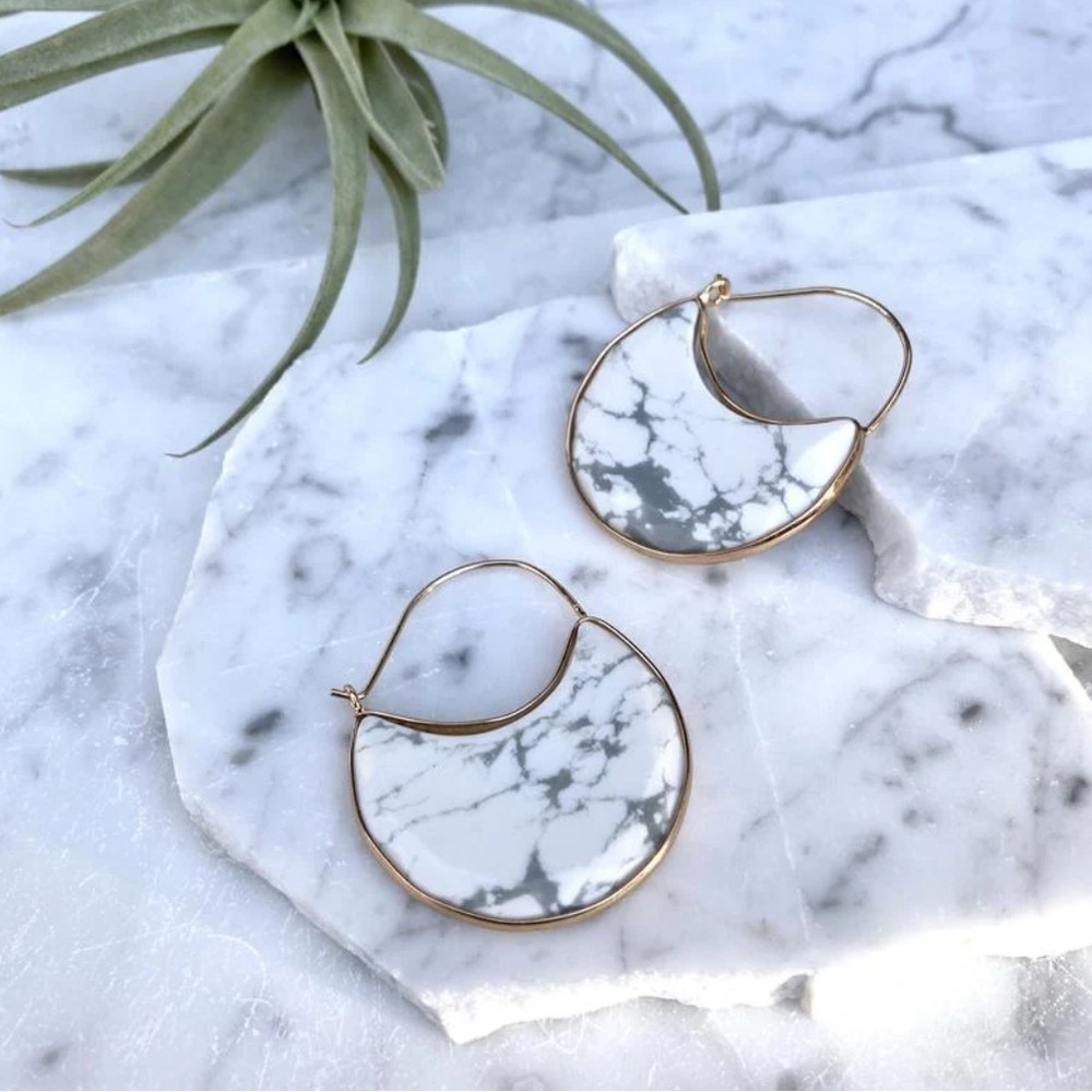 White Howlite Round Hoop Marble and gold Earrings Hoops by Minor Metal. - Picture 3 of 8